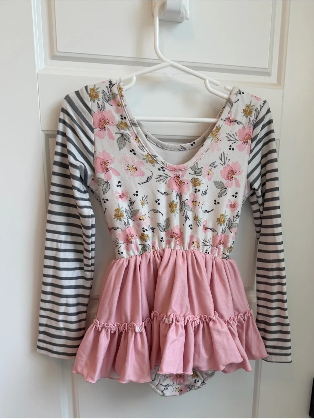 cheeky plum Farah Leotard Pink Floral & Gray Stripe Ruffle One-Piece